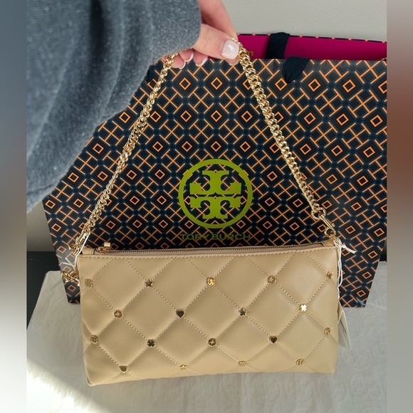 Tory Burch Willa Charms Zip Shoulder Bag Crossbody Bag Soft Serve Gold Tan Cream - Picture 7 of 12